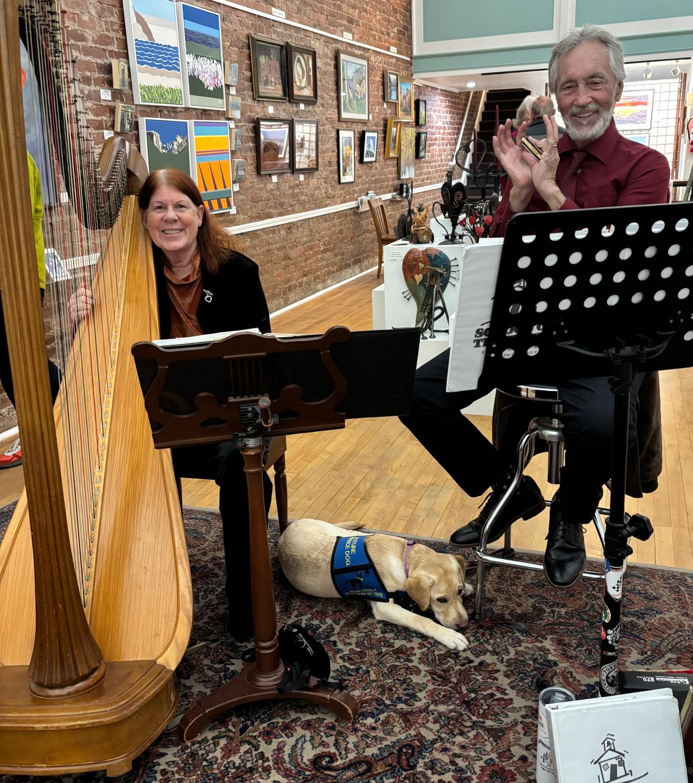 Renee and Phil performing with concert harp and harmonica in a gallery